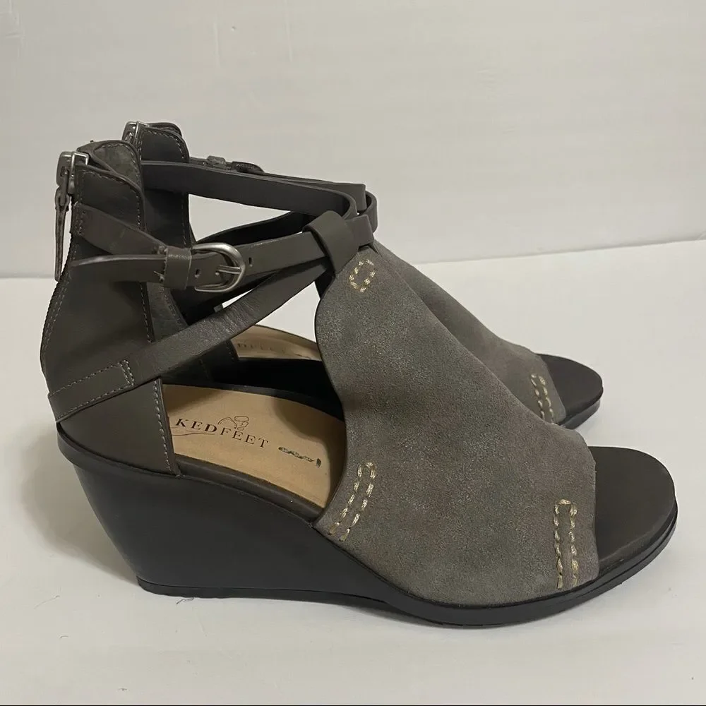 Naked Feet Crux Grey Suede and Leather Wedge Sandals size 8